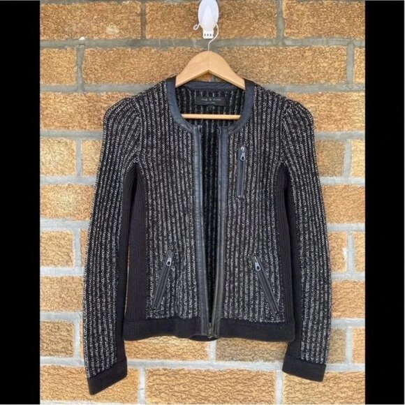 Rag & Bone Black and Silver Paula Knit Leather Trim Jacket XXS - Picture 11 of 11